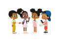 Group of African American children talk to each other. School boy with vitiligo say hello to new friends. Asian boy scan