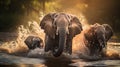 A group of African elephants bathing and playing in a river, the water splashing and droplets glistening in the sunlight.