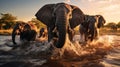 A group of African elephants bathing and playing in a river, the water splashing and droplets glistening in the sunlight.