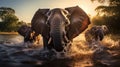 A group of African elephants bathing and playing in a river, the water splashing and droplets glistening in the sunlight.