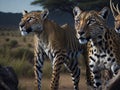 African leopards walking in a group looking for game