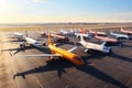 A group of airplanes are parked on the airport tarmac