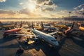 A group of airplanes are parked on the airport tarmac