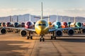 A group of airplanes are parked on the airport tarmac