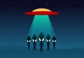 Group of alien arrived on earth by UFO, vector art