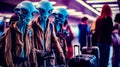 Group of alien men standing next to each other with luggage behind them. Generative AI