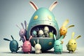 group of aliens celebrating Easter by decorating their spaceship with colorful eggs and bunny ears Easter illustration generative