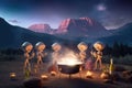 group of aliens cooking over campfire, while enjoying the view of a majestic mountain range