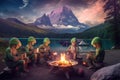 group of aliens cooking over campfire, while enjoying the view of a majestic mountain range