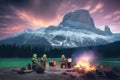 group of aliens cooking over campfire, while enjoying the view of a majestic mountain range