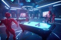 group of aliens playing game of space football in futuristic arena