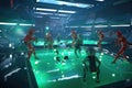 group of aliens playing game of space football in futuristic arena