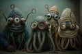 group of aliens trying to blend in with humans by wearing elaborate disguises, but their multiple eyes and tentacles are still
