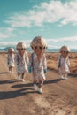 A group of aliens walking down a dirt road. Generative AI image.