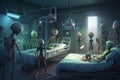 a group of aliens working in a hospital, caring for sick patients