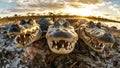 A group of alligators displaying their menacing jaws while basking in the sun Royalty Free Stock Photo