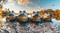 Group of alligators sitting on sandy beach Royalty Free Stock Photo