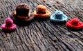 Amigurumi craft cute for decor, colorful tiny cowboy hat crochet from yarn