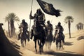 A group of ancient Arab fighters on horseback,