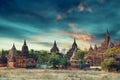 Group of ancient pagodas at the morning in Old Bagan, Myanmar Royalty Free Stock Photo