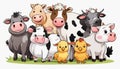A group of animals including a cow, a pig, a sheep, and a chicken