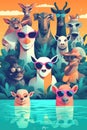 A group of animals wearing sunglasses in the water. Generative AI image.