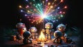 Animated robots enjoying a fireworks display at night