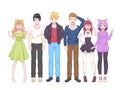 Group anime characters. Manga girls and boys, kawaii asian teens in casual japanese or korean cosplay clothes. Smiling