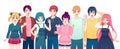 Group of anime characters. Young manga girls and boys friends in japanese comic style. Smiling korean male and female