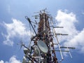 Group of antennas, satellite dishes for telecommunications, television broadcast, cellphone on mountain peak Royalty Free Stock Photo