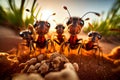 A group of ants looking directly at the camera in nature. AI generated