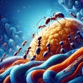 A group of ants moving a large crumb, abstract background, symbol of teamwork and coomunication, for a goal achivement, vibrant