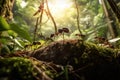 A group of ants standing together on top of a vibrant green forest, Ants following a pheromone trail in a lush forest, AI