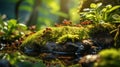 A group of ants walking across a lush green forest. Generative AI image.