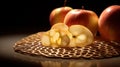 A group of apples are sitting on a table with some cut up, AI