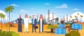 Group Of Arab Business Men On Oil Platform In Desert East Petrolium Production And Trade Concept