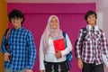 A group of Arab teenagers, a student team walking forward into the future and back to school the concept of a pink