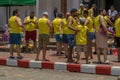 A group of Arabian tourists in yellow t-shirts were preparing their celebration of the last day of Songkran,