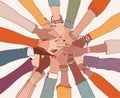 Group of arms and hands on top of each other in a circle of diverse multi-ethnic people.People of different cultures.Cooperation.