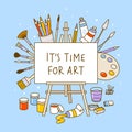 Group of art supplies on blue background - easel, paints, watercolor, palette, brushes, drawing pencils - cartoon objects for