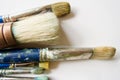 Group of artist`s paintbrushes, with one large round one, against a white background