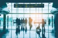 Group of Asian business people, passenger, traveler and group tourist walking in font of gate at Hong Kong International Airport.