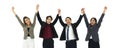 Group of asian business people wearing suit raise hands together, feeling happy and smiling, completed finished job. Successful Royalty Free Stock Photo