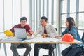 Engineer team meeting together point to laptop to brief work Royalty Free Stock Photo