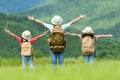 Group asian family children raise arms and standing see the outdoors, adventure and tourism for destination and leisure trips with Royalty Free Stock Photo