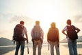 A group of Asian friends backpacking bag and walking for picnic and camping near lake