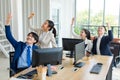 Group Asian professional successful male female businessmen businesswomen employee in formal business suit sitting at working desk