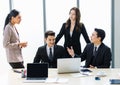 Group of Asian young happy male female successful businessman businesswoman employee teamwork colleagues in formal Royalty Free Stock Photo