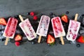 Assorted Berry Fruit Yogurt Popsicles, Top View In A Row Over Slate