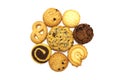 A group of assorted cookies. Chocolate chip, oatmeal, raisin and biscuits in the shape of a spiral pattern isolated on white backg Royalty Free Stock Photo